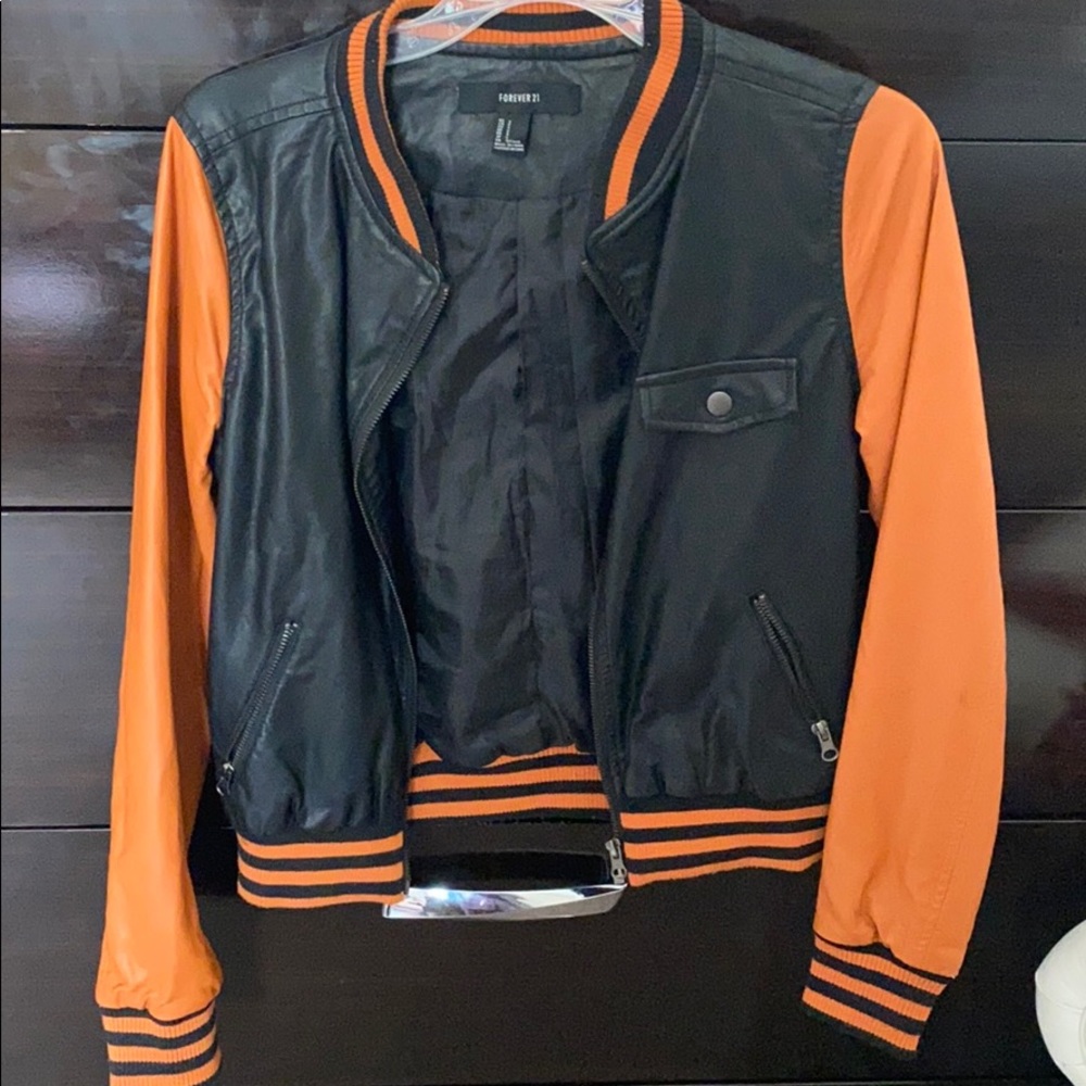 Black/Orange Leather Biker Jacket
